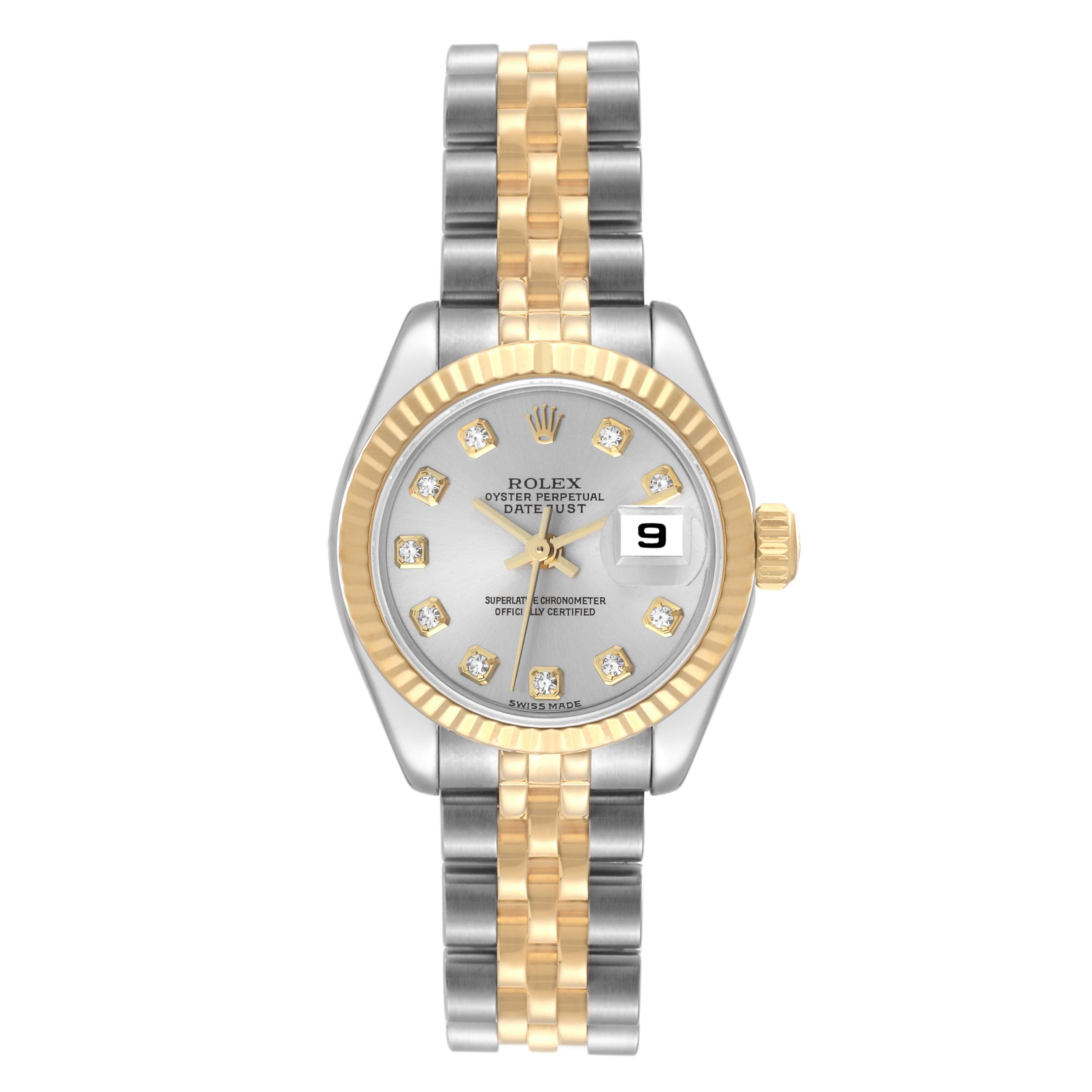 Rolex Datejust 26 Steel Yellow Gold Diamond Ladies Watch 179173. Officially certified chronometer self-winding movement. Stainless steel oyster case 26 mm in diameter. Rolex logo on a 18K yellow gold crown. 18k yellow gold fluted bezel. Scratch