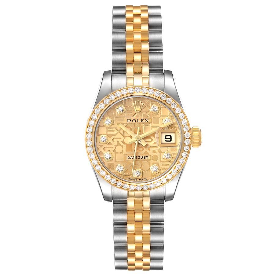 Rolex Datejust 26 Steel Yellow Gold Diamond Ladies Watch 179383. Officially certified chronometer self-winding movement with quickset date function. Stainless steel oyster case 26.0 mm in diameter. Rolex logo on a 18K yellow gold crown. 18k yellow