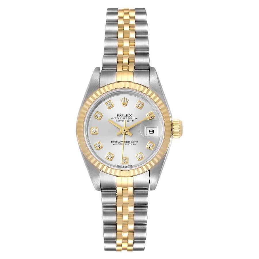 Rolex Datejust 26 Steel Yellow Gold Diamond Ladies Watch 79173. Officially certified chronometer self-winding movement. Stainless steel oyster case 26 mm in diameter. Rolex logo on a 18K yellow gold crown. 18k yellow gold fluted bezel. Scratch