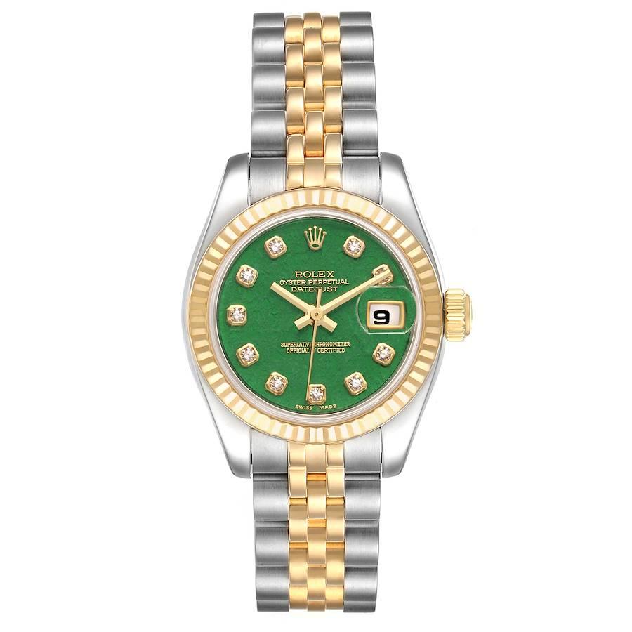 Rolex Datejust 26 Stahl Gelbgold Jade Diamond Dial Watch 179173 Box Card. Offiziell zertifiziertes Chronometerwerk mit automatischem Aufzug. Austerngehäuse aus Edelstahl mit einem Durchmesser von 26 mm. Rolex-Logo auf einer Krone aus 18 Karat