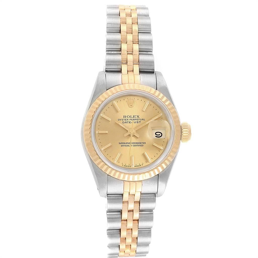 Rolex Datejust 26 Steel Yellow Gold Jubilee Ladies Ladies Watch 69173. Officially certified chronometer self-winding movement. Stainless steel oyster case 26.0 mm in diameter. Rolex logo on a crown. 18k yellow gold fluted bezel. Scratch resistant