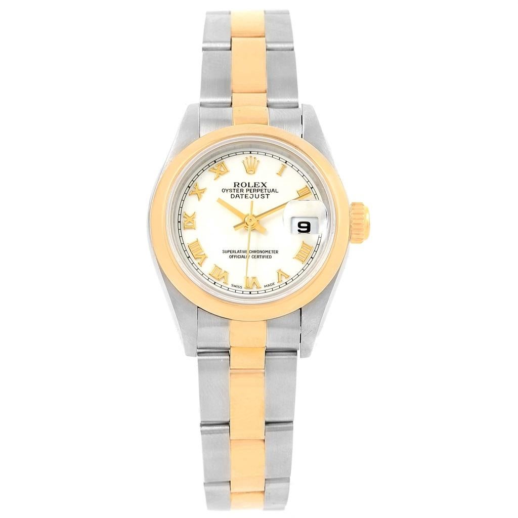 Rolex Datejust 26 Steel Yellow Gold Ladies Watch 69163 Box Papers. Officially certified chronometer automatic self-winding movement. Stainless steel oyster case 26.0 mm in diameter. Rolex logo on a crown. 18k yellow gold smooth bezel. Scratch