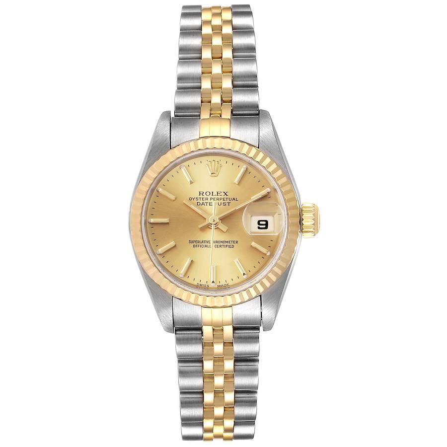 Rolex Datejust 26 Steel Yellow Gold Ladies Watch 79173 Box. Officially certified chronometer self-winding movement. Stainless steel oyster case 26 mm in diameter. Rolex logo on a 18K yellow gold crown. 18k yellow gold fluted bezel. Scratch resistant