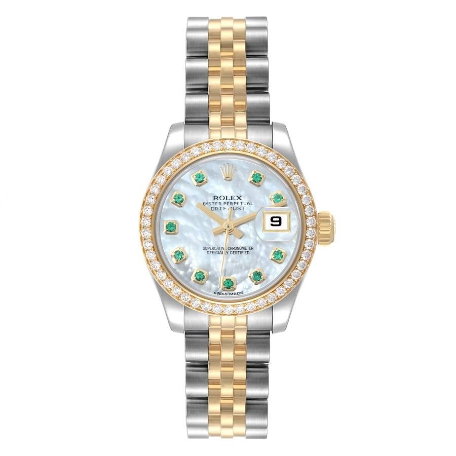 Rolex Datejust 26 Steel Yellow Gold MOP Diamond Ladies Watch 179383 Box Card. Officially certified chronometer self-winding movement. Stainless steel oyster case 26.0 mm in diameter. Rolex logo on a 18K yellow gold crown. 18k yellow gold original