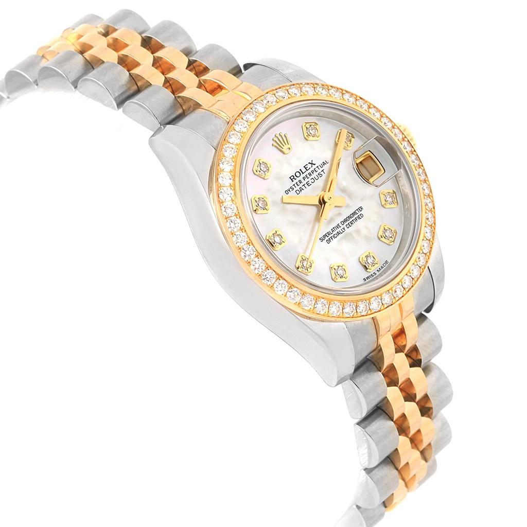 Rolex Datejust 26 Steel Yellow Gold MOP Diamond Watch 179383 Box Card. Officially certified chronometer self-winding movement with quickset date function. Stainless steel oyster case 26.0 mm in diameter. Rolex logo on a 18K yellow gold crown. 18k