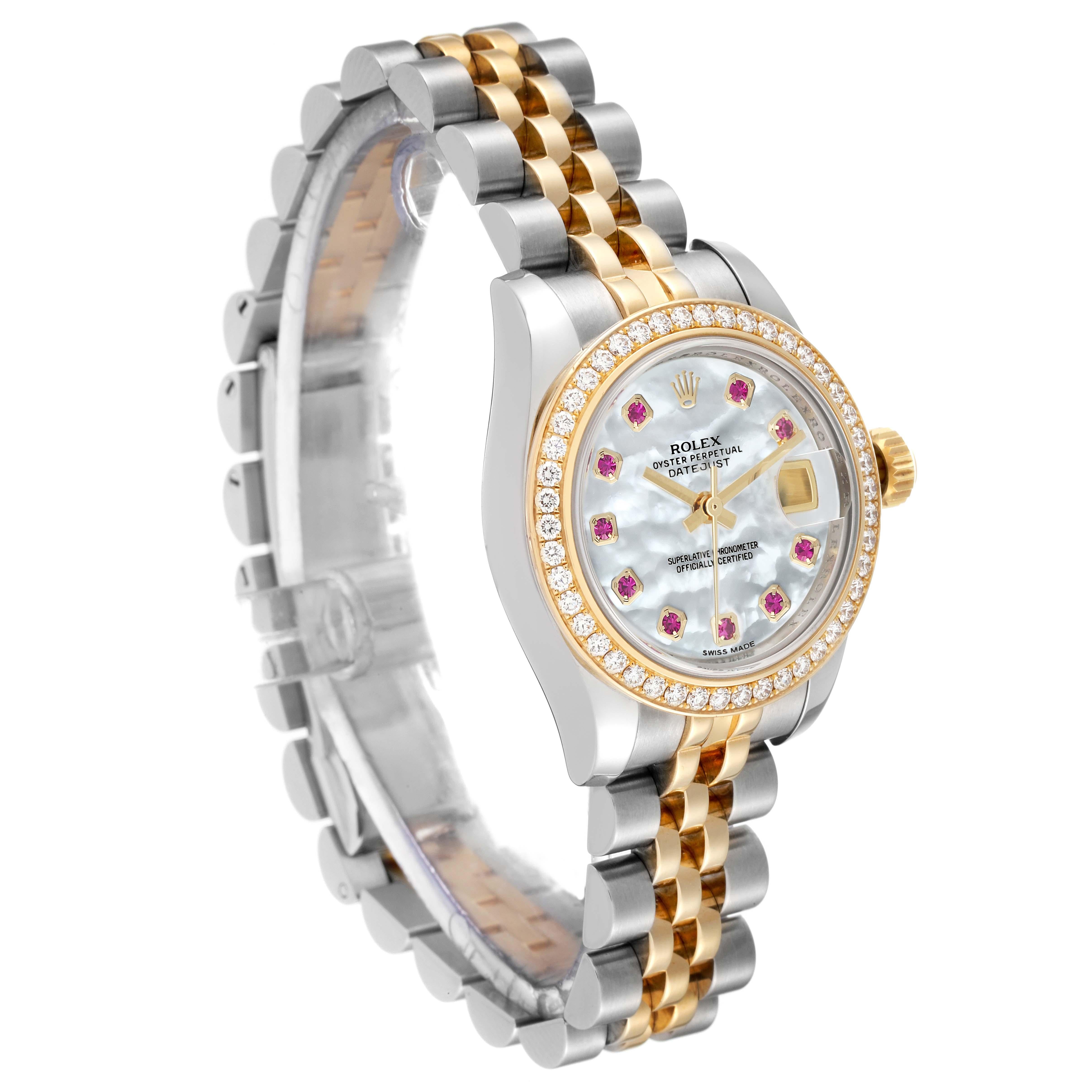 Rolex Datejust 26 Steel Yellow Gold Mother Of Pearl Ruby Diamond Watch In Excellent Condition For Sale In Atlanta, GA
