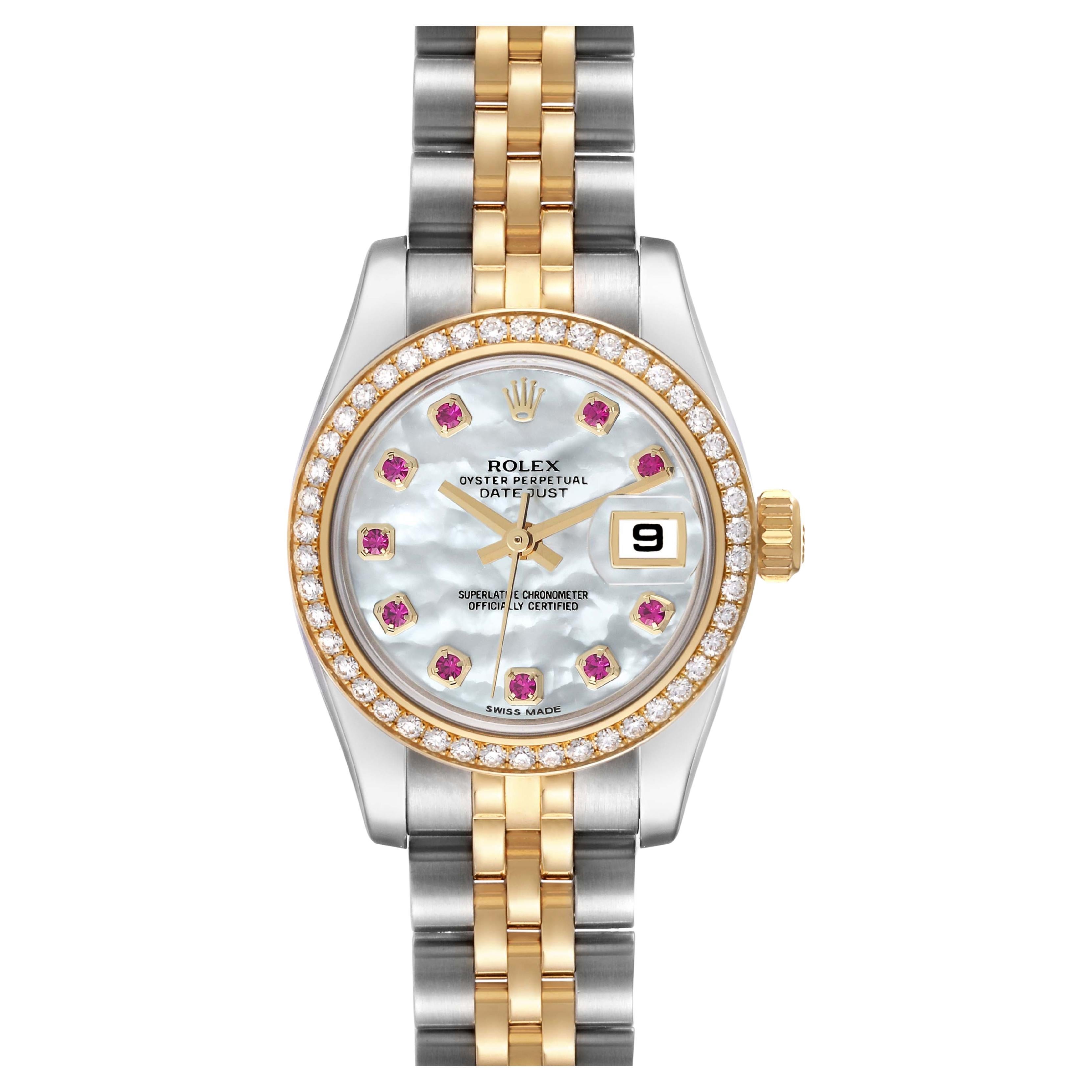 Rolex Datejust 26 Steel Yellow Gold Mother Of Pearl Ruby Diamond Watch For Sale