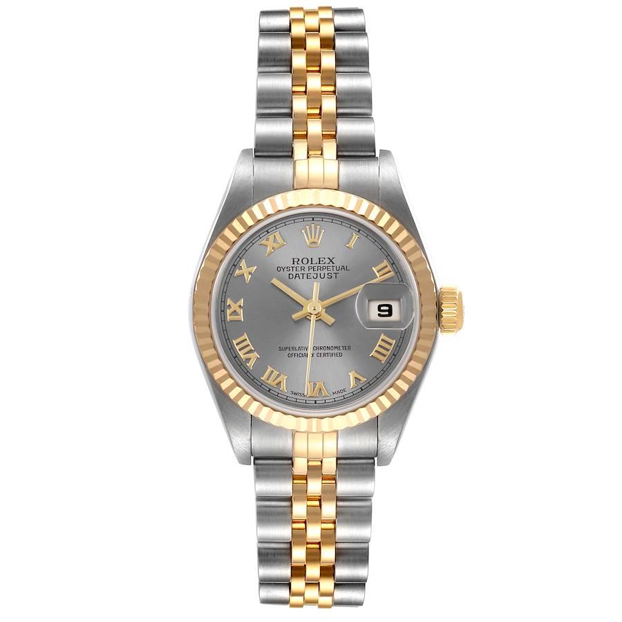 Rolex Datejust 26 Steel Yellow Gold Slate Dial Ladies Watch 79173 Box Papers. Officially certified chronometer self-winding movement. Stainless steel oyster case 26 mm in diameter. Rolex logo on a 18K yellow gold crown. 18k yellow gold fluted bezel.