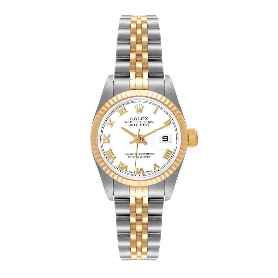 Rolex Datejust 26 Steel Yellow Gold White Roman Dial Ladies Watch 79173 Box Papers. Officially certified chronometer self-winding movement with quickset date function. Stainless steel oyster case 26.0 mm in diameter. Rolex logo on a 18K yellow gold