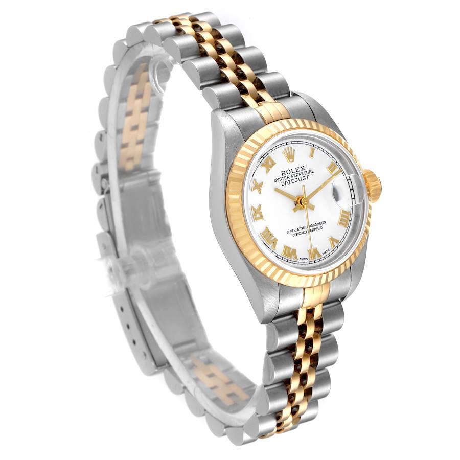 Rolex Datejust 26 Steel Yellow Gold White Roman Dial Ladies Watch 79173 In Excellent Condition In Atlanta, GA