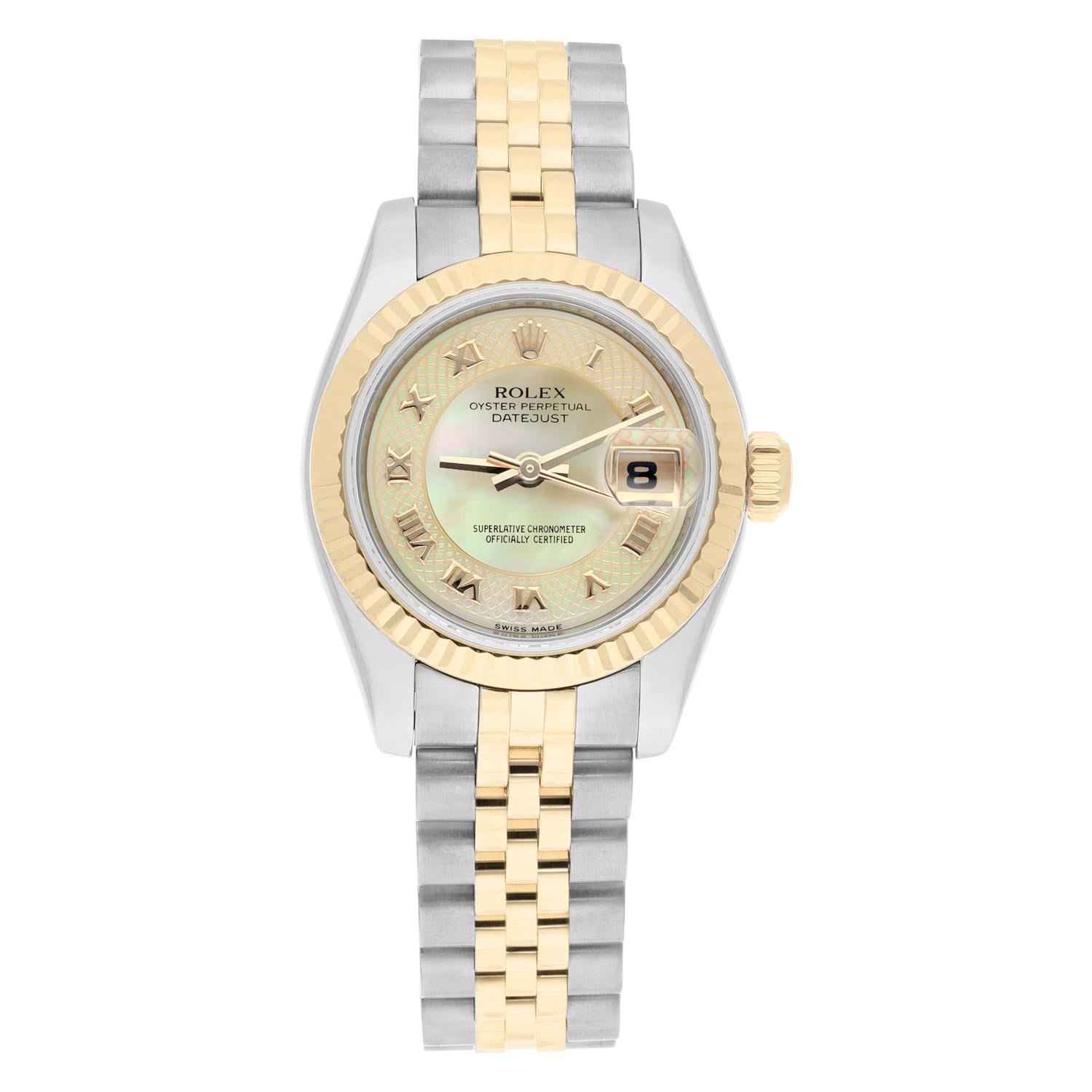 This stunning Rolex Datejust two-tone ladies watch combines luxury and elegance. The silver case is complemented by a yellow gold fluted bezel and features Roman numerals on the rare mother of pearl dial. The watch is powered by a mechanical