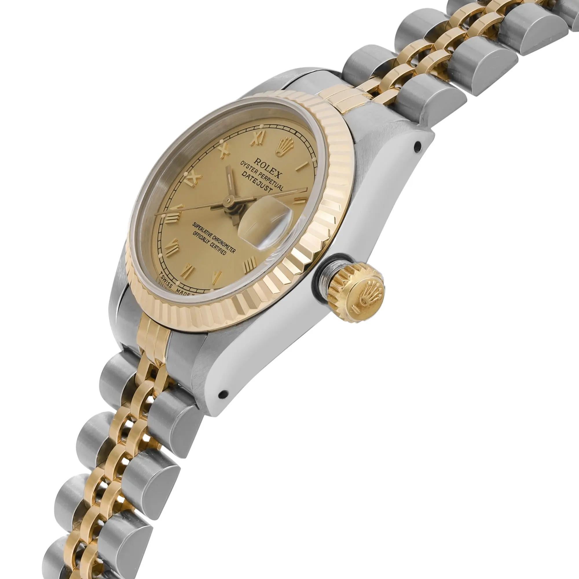 Rolex Datejust 26mm 18K Gold Steel Champagne Roman Dial Ladies Watch 69173 In Good Condition For Sale In New York, NY