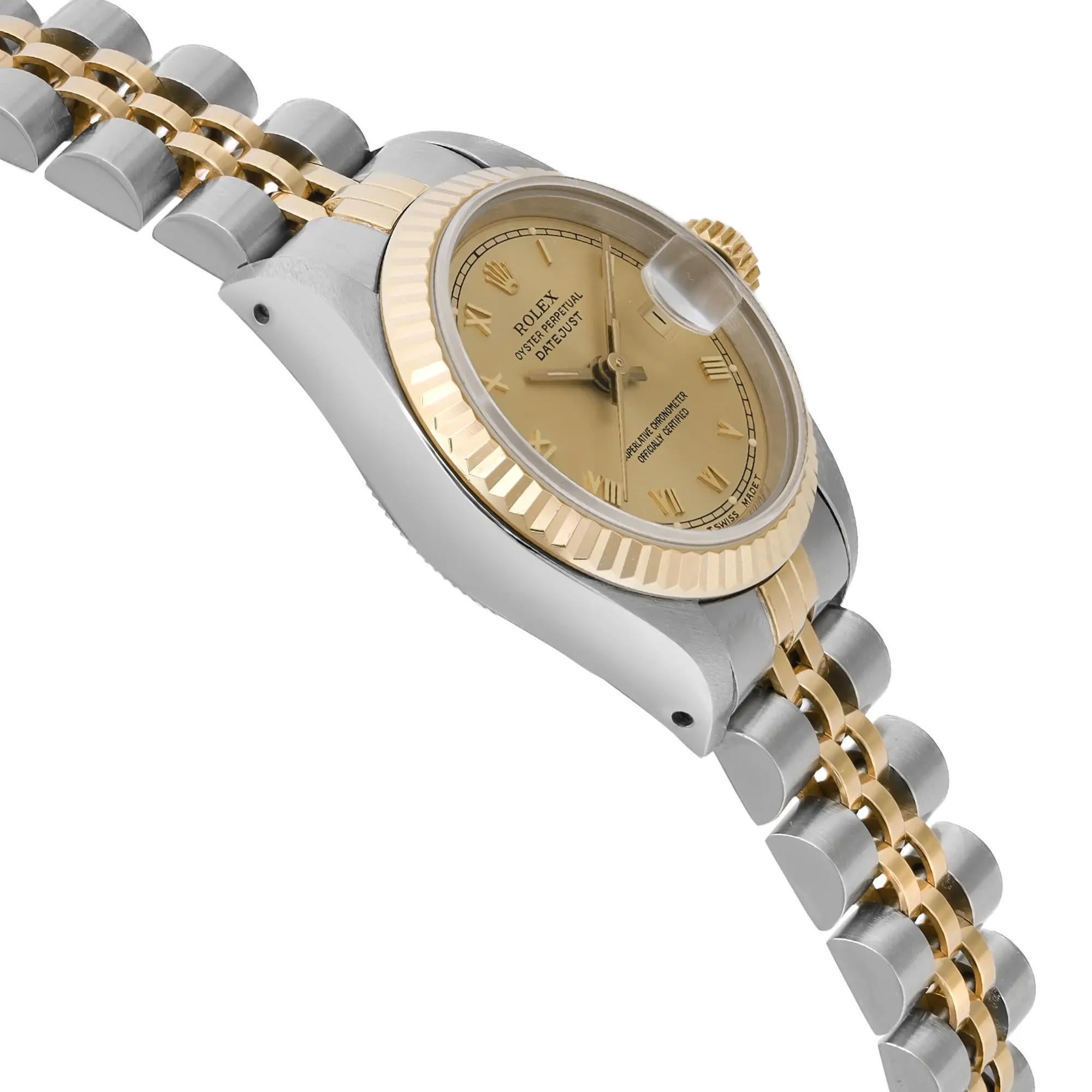 Women's Rolex Datejust 26mm 18K Gold Steel Champagne Roman Dial Ladies Watch 69173 For Sale
