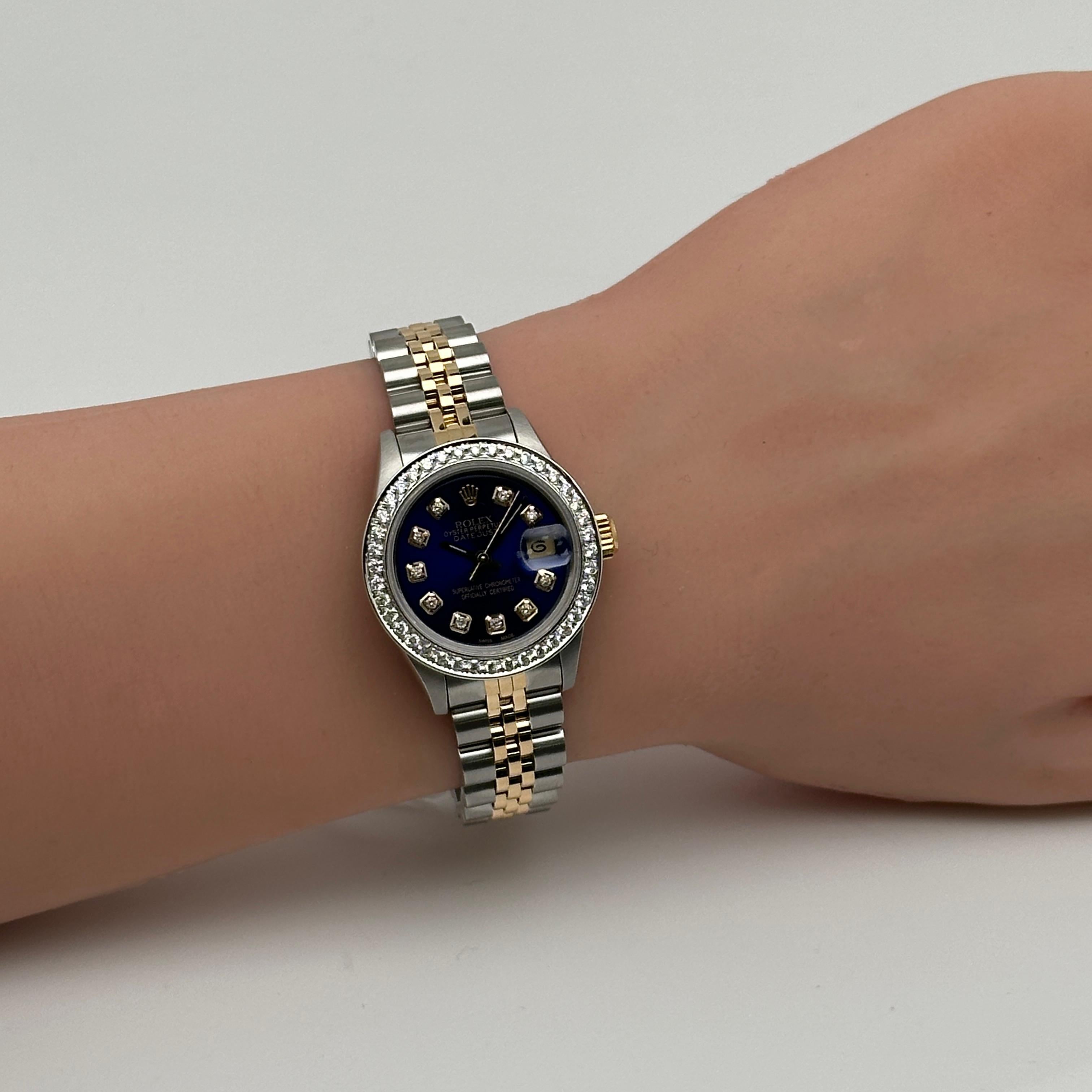 Rolex Datejust 26mm 18K Gold Steel Custom Dial Blue Ladies Watch 69173 In Excellent Condition For Sale In New York, NY