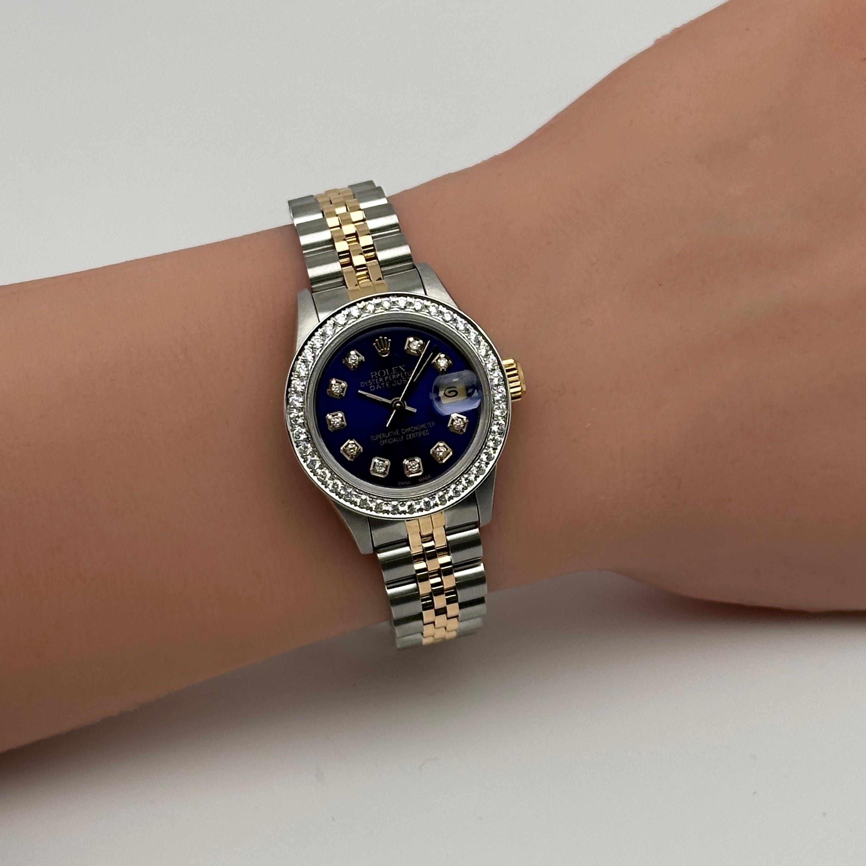 Women's Rolex Datejust 26mm 18K Gold Steel Custom Dial Blue Ladies Watch 69173 For Sale