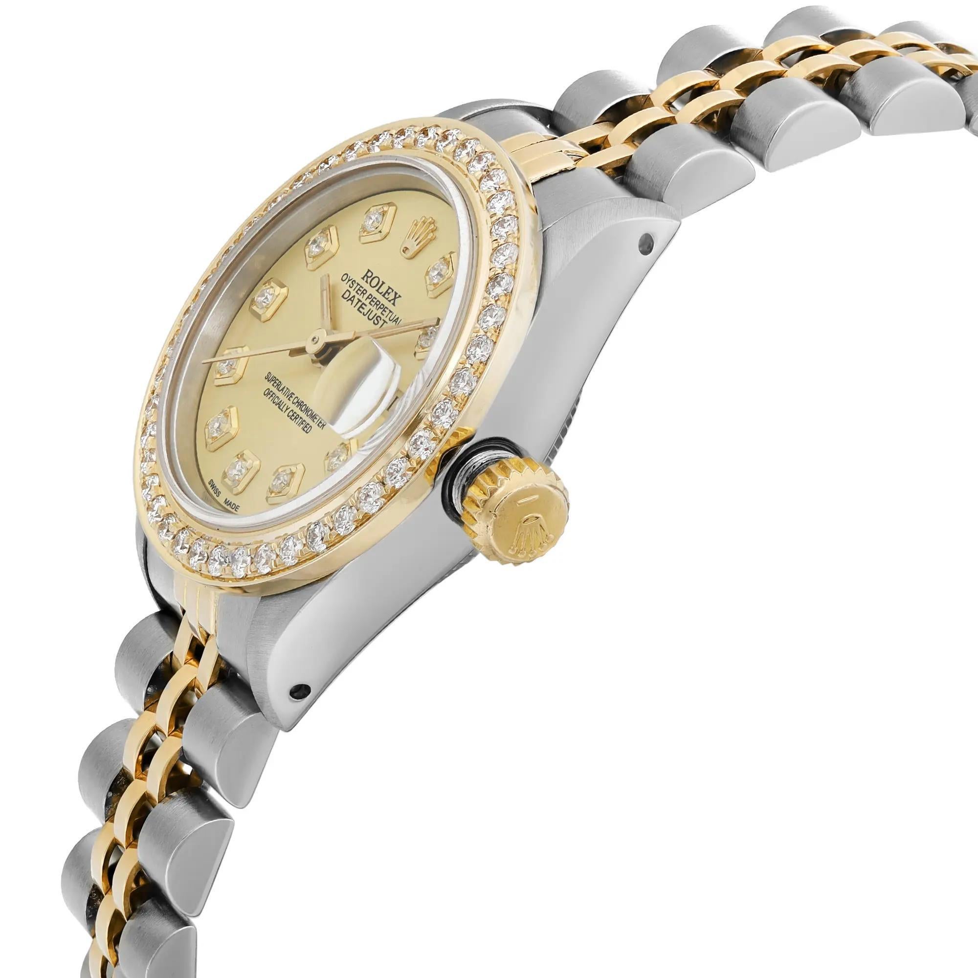 Rolex Montre Datejust 26 mm en or 18 carats, acier, cadran personnalisé avec diamants et lunette 69173 Bon état - En vente à New York, NY