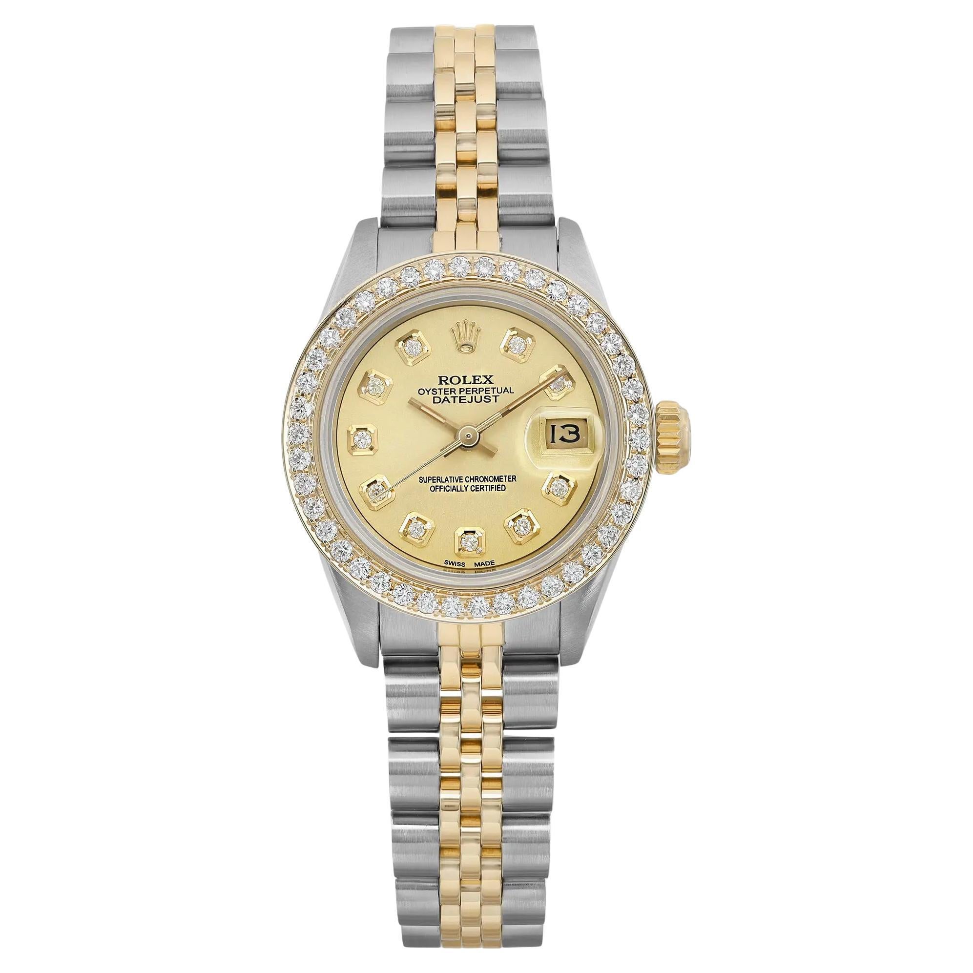Rolex Montre Datejust 26 mm en or 18 carats, acier, cadran personnalisé avec diamants et lunette 69173