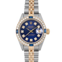 Rolex Datejust 26mm 18K Gold Steel Blue Dial Ladies Custom Diamond Watch 69173G