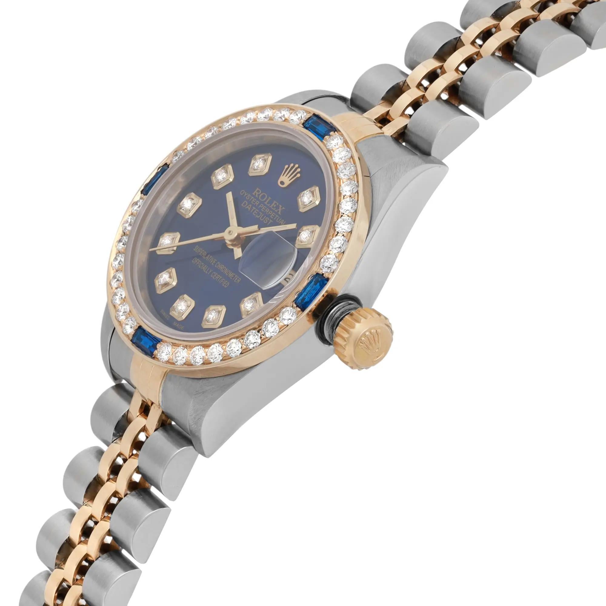 Rolex Datejust 26mm 18K Oro Acero Esfera Azul Señoras Reloj Personalizado Diamante 69173G en Bueno estado para la venta en New York, NY