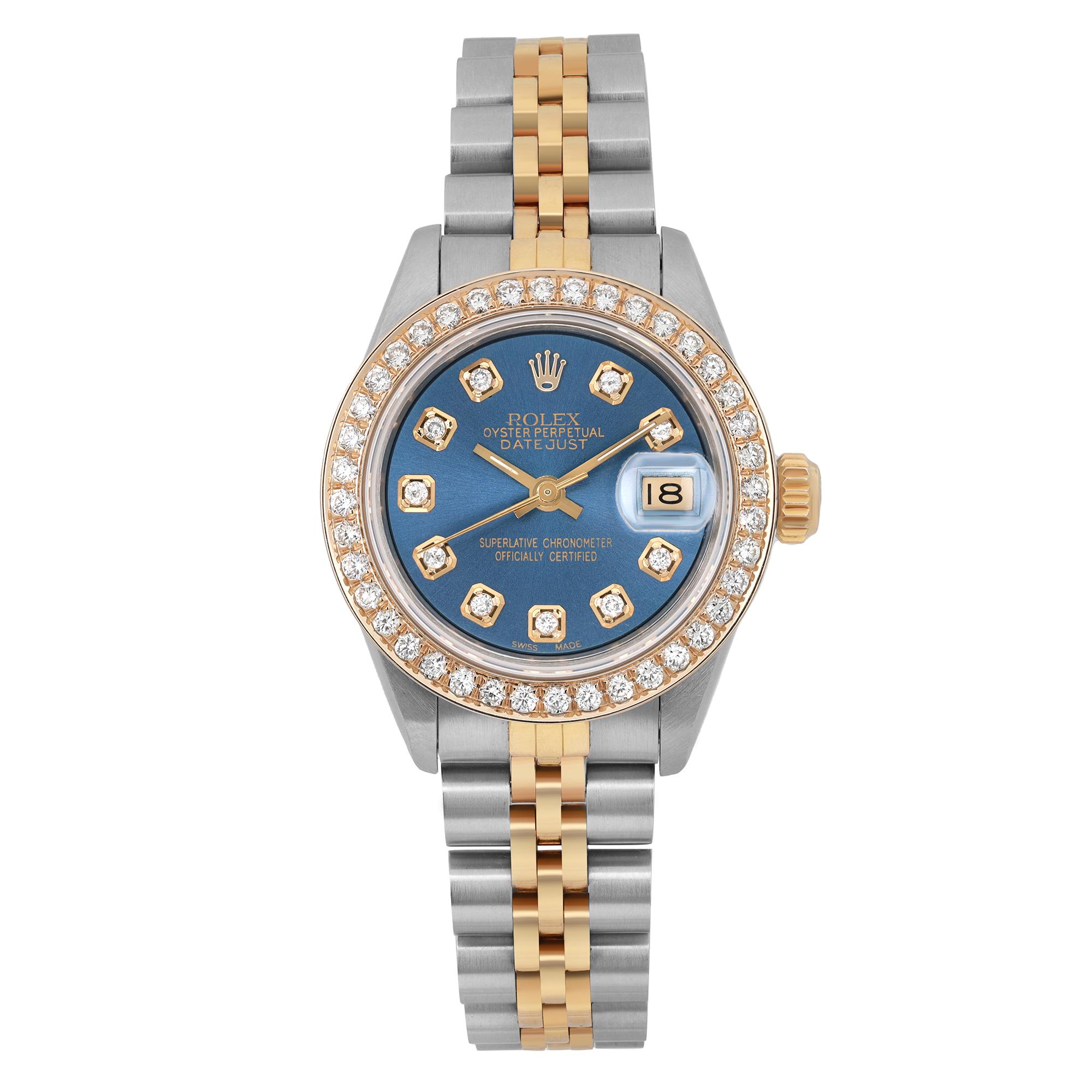 Rolex Montre Datejust 26 mm en or 18 carats avec cadran bleu marine et diamants personnalisée pour femmes 69173 Excellent état - En vente à New York, NY
