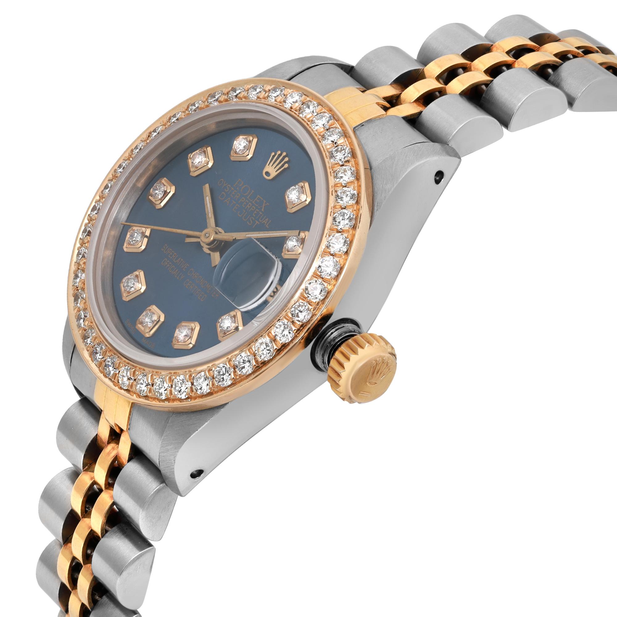 Rolex Montre Datejust 26 mm en or 18 carats avec cadran bleu marine et diamants personnalisée pour femmes 69173 Pour femmes en vente