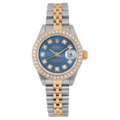 Rolex Montre Datejust 26 mm en or 18 carats avec cadran bleu marine et diamants personnalisée pour femmes 69173
