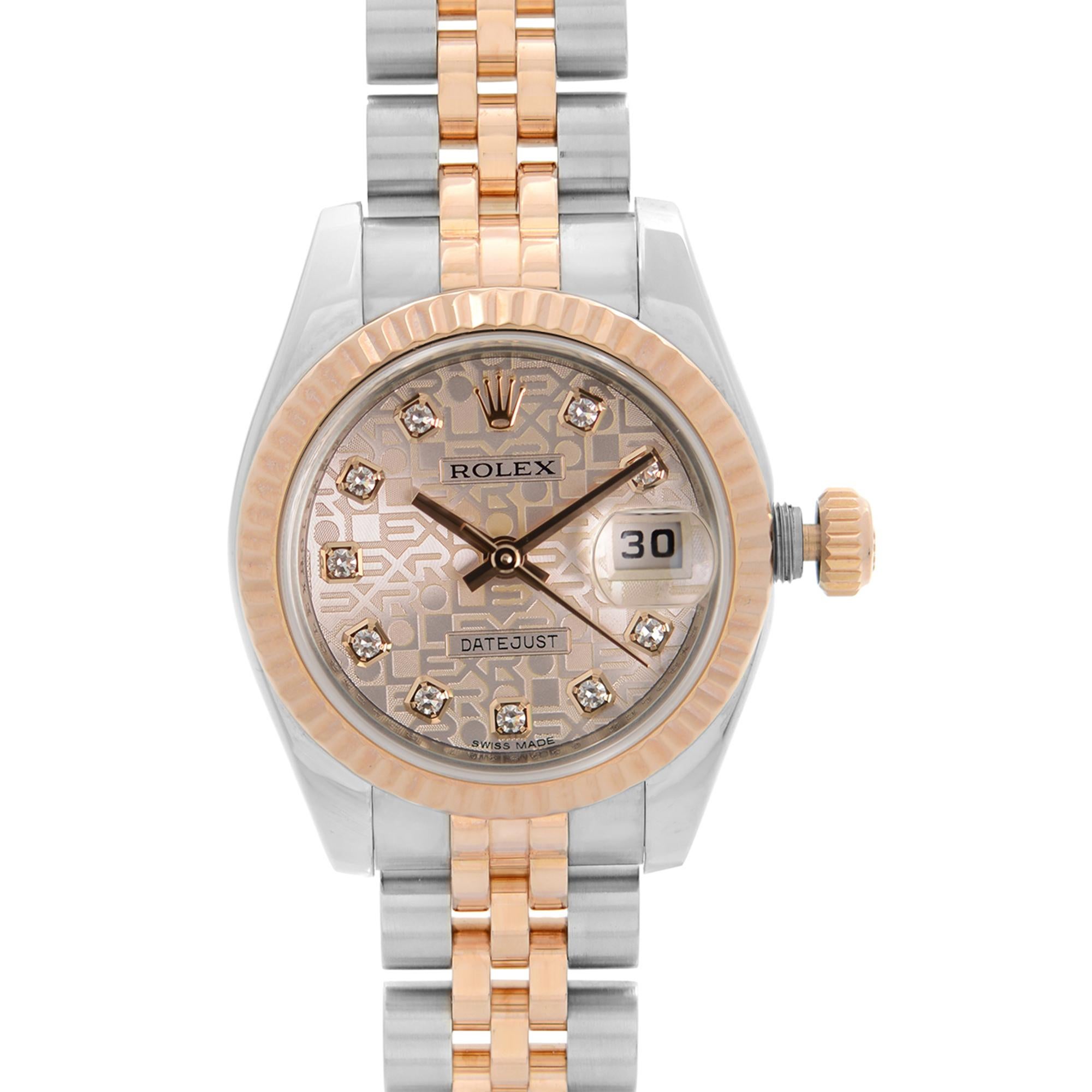 Pre Owned Rolex Datejust 26mm 18k Rose Gold Steel Diamond Dial Ladies Watch 179171. This Beautiful Timepiece is Powered by Mechanical (Automatic) Movement And Features: Round Stainless Steel Case with a Steel & Rose Gold Jubilee Bracelet, Fixed Rose