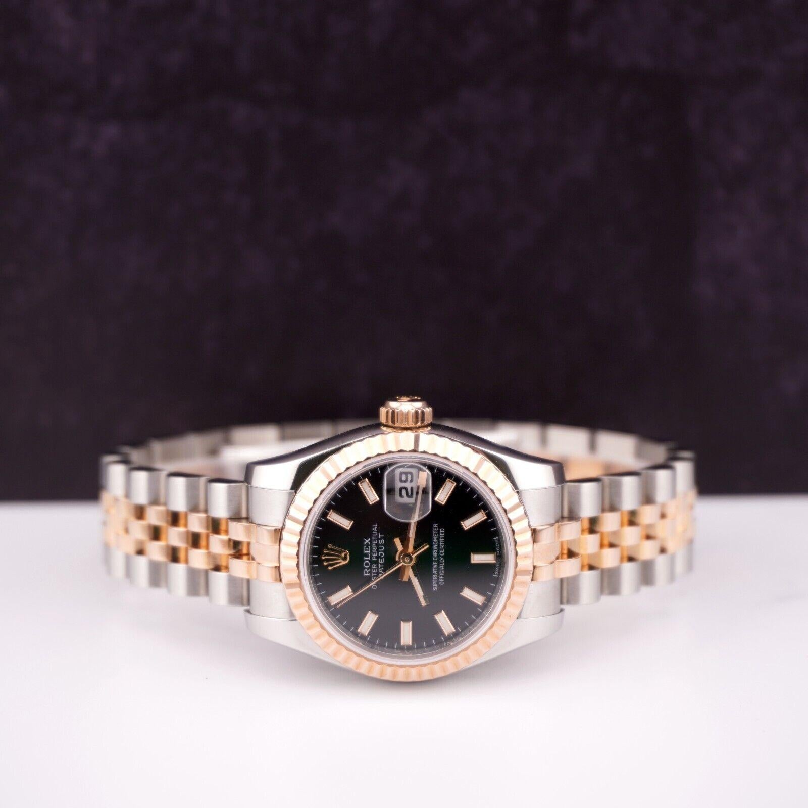 Modern Rolex Datejust 26mm 18k Rose Gold & Steel Fluted Jubilee Black Dial Watch 179171 For Sale