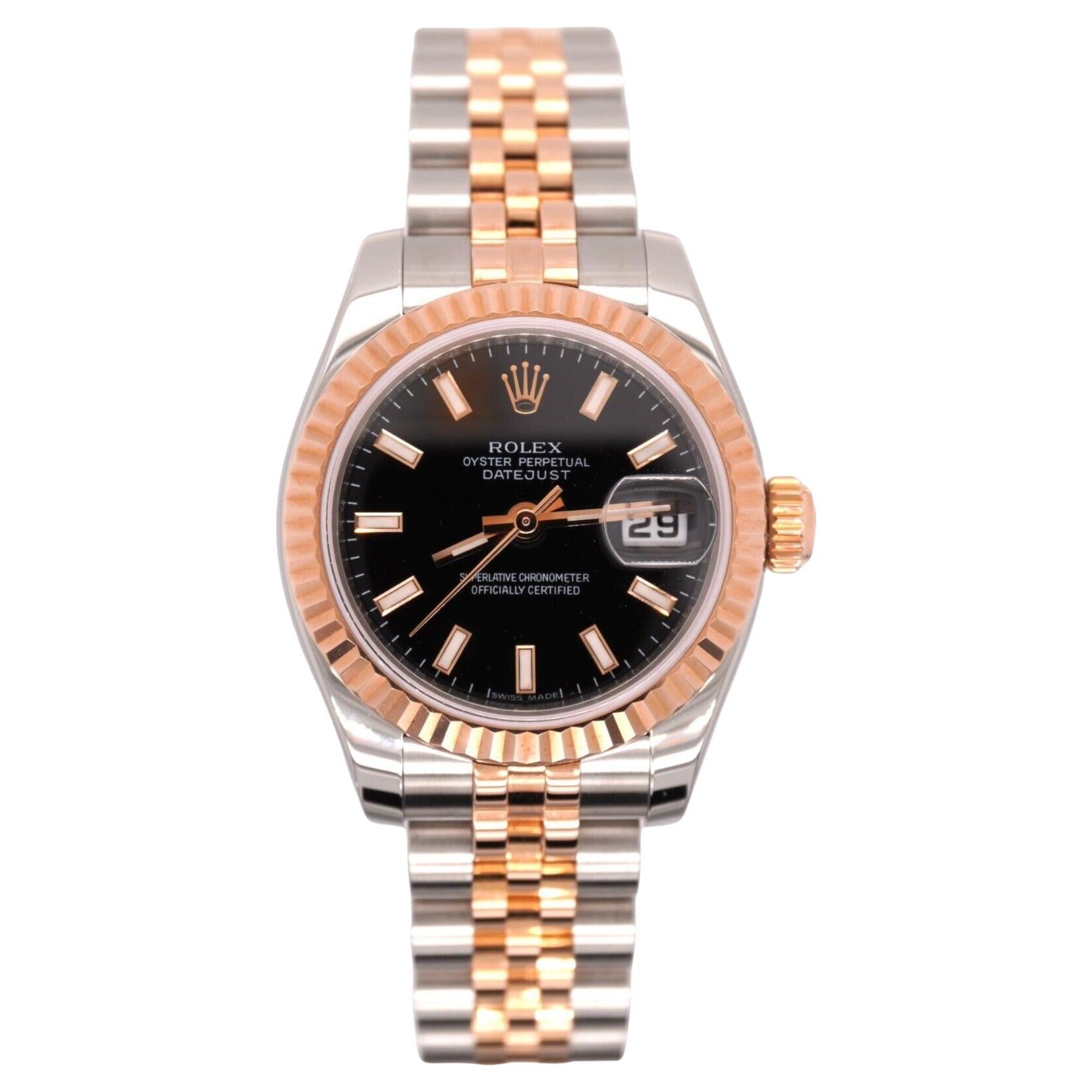 Rolex Datejust 26mm 18k Rose Gold & Steel Fluted Jubilee Black Dial Watch 179171