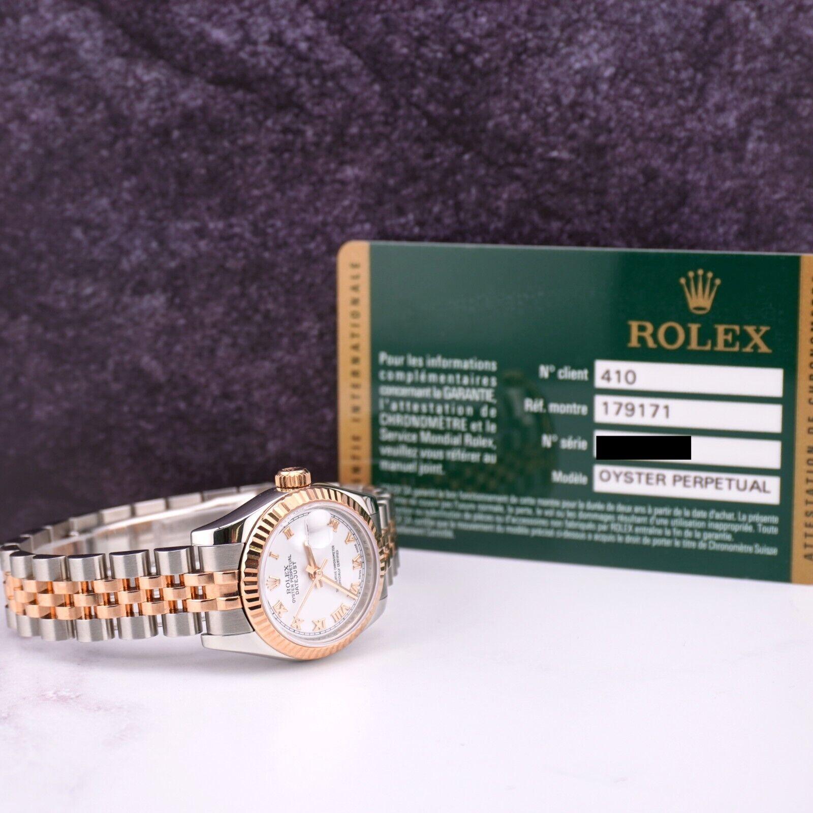 Rolex Datejust 26mm 18k Roségold & Stahl geriffelte Jubiläumsuhr mit weißem Zifferblatt 179171 im Angebot 3