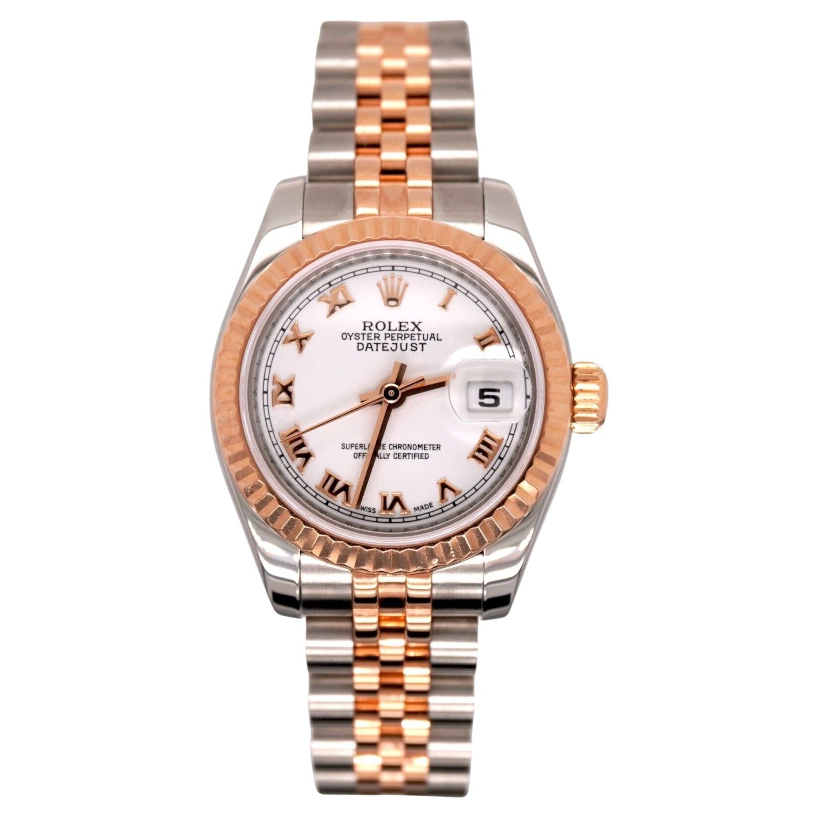 Rolex Datejust 26mm 18k Rose Gold & Steel Fluted Jubilee White Dial Watch 179171 For Sale