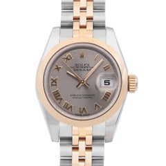 Rolex Datejust 18k Rose Gold Steel Gray Roman Dial Ladies Watch 179161