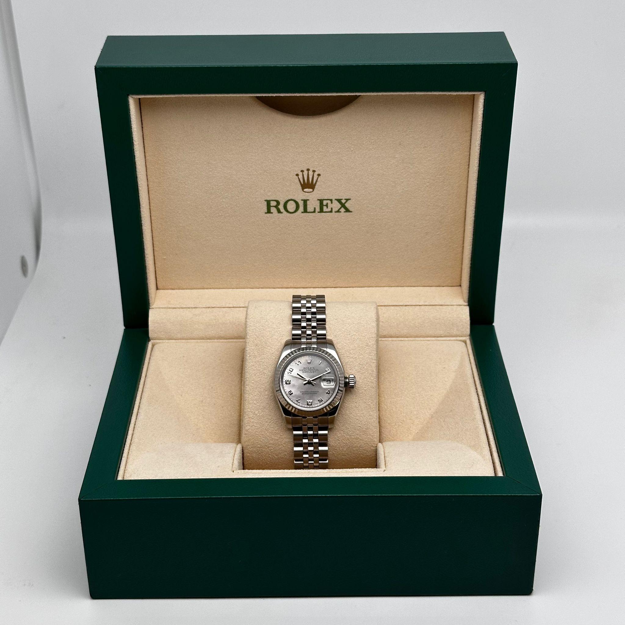 Rolex Datejust 26mm 18K White Gold Steel MOP Diamond Gray Dial Watch 179174 In Excellent Condition In New York, NY