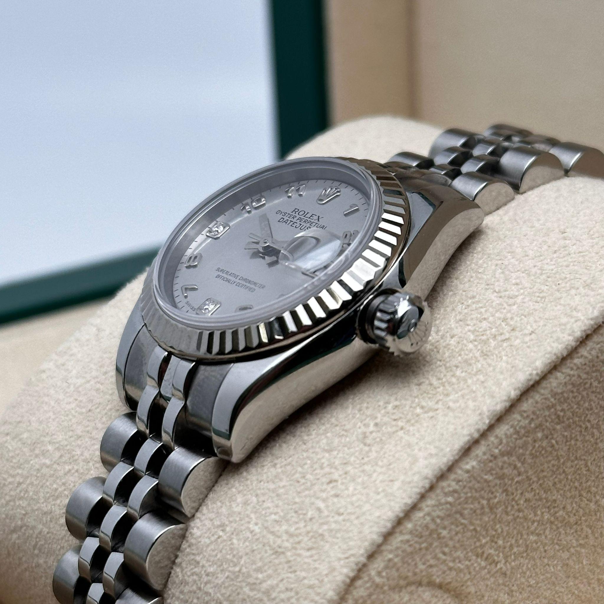 Women's Rolex Datejust 26mm 18K White Gold Steel MOP Diamond Gray Dial Watch 179174