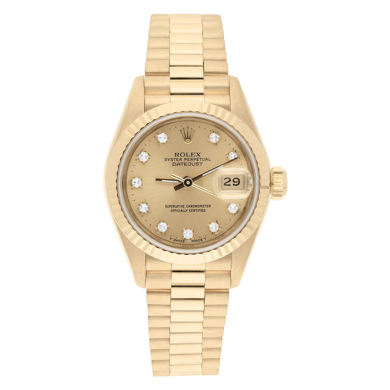 Experience timeless elegance with the 1993 ladies Rolex Datejust. Crafted in radiant 18K yellow gold and featuring a captivating champagne diamond dial, this timepiece exudes enduring allure.Watch is accompanied by its original box and papers,as