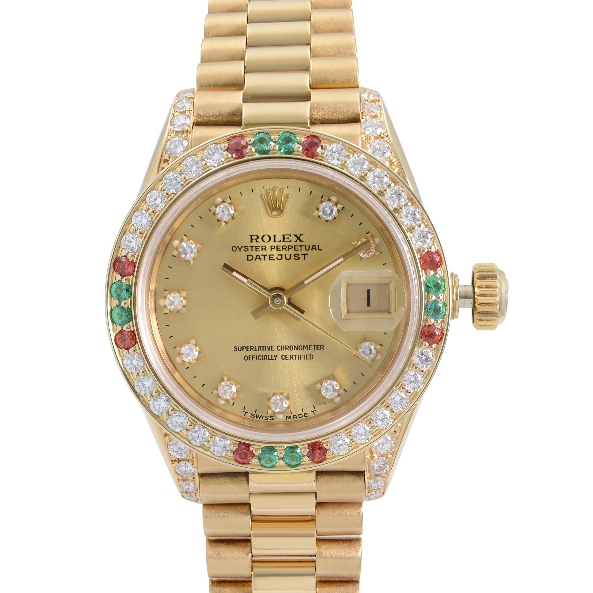 Custom diamond bezel and custom diamond dial, Aftermarket Sapphire Crystal . Pre Owned Rolex Datejust 26mm Vintage18k Yellow Gold Ladies Automatic Watch 69178. This Beautiful Timepiece was Produced in 1984 and is Powered by Mechanical (Automatic)