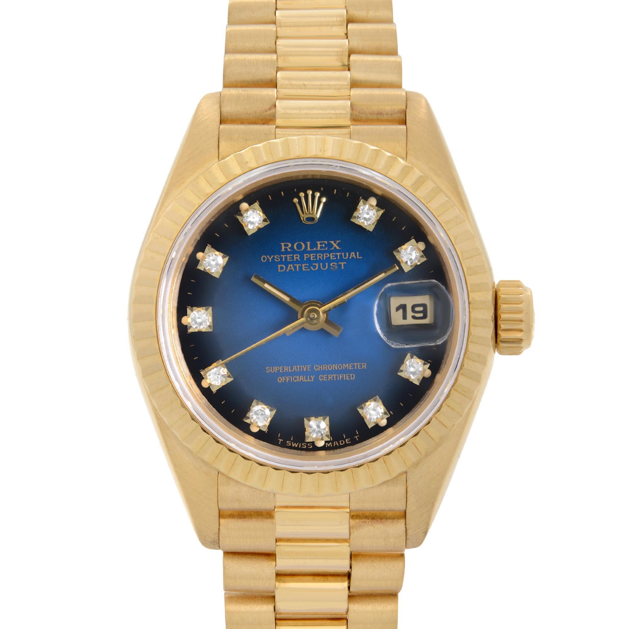 Pre-Owned, Rolex Datejust 26mm 18K Yellow Gold Blue Black Ombre Dial Automatic Ladies Watch 69178. This Beautiful Ladie's Timepiece was Produced in 1993 and is Powered by Mechanical (Automatic) Movement And Features: Round 18k Gold Case with a 18k