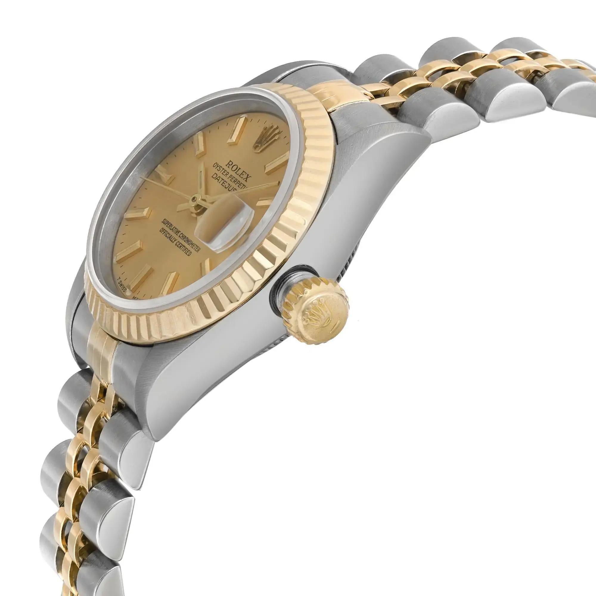 Rolex Datejust 26mm 18K Yellow Gold Steel No Holes Champagne Dial Watch 69173 In Good Condition For Sale In New York, NY