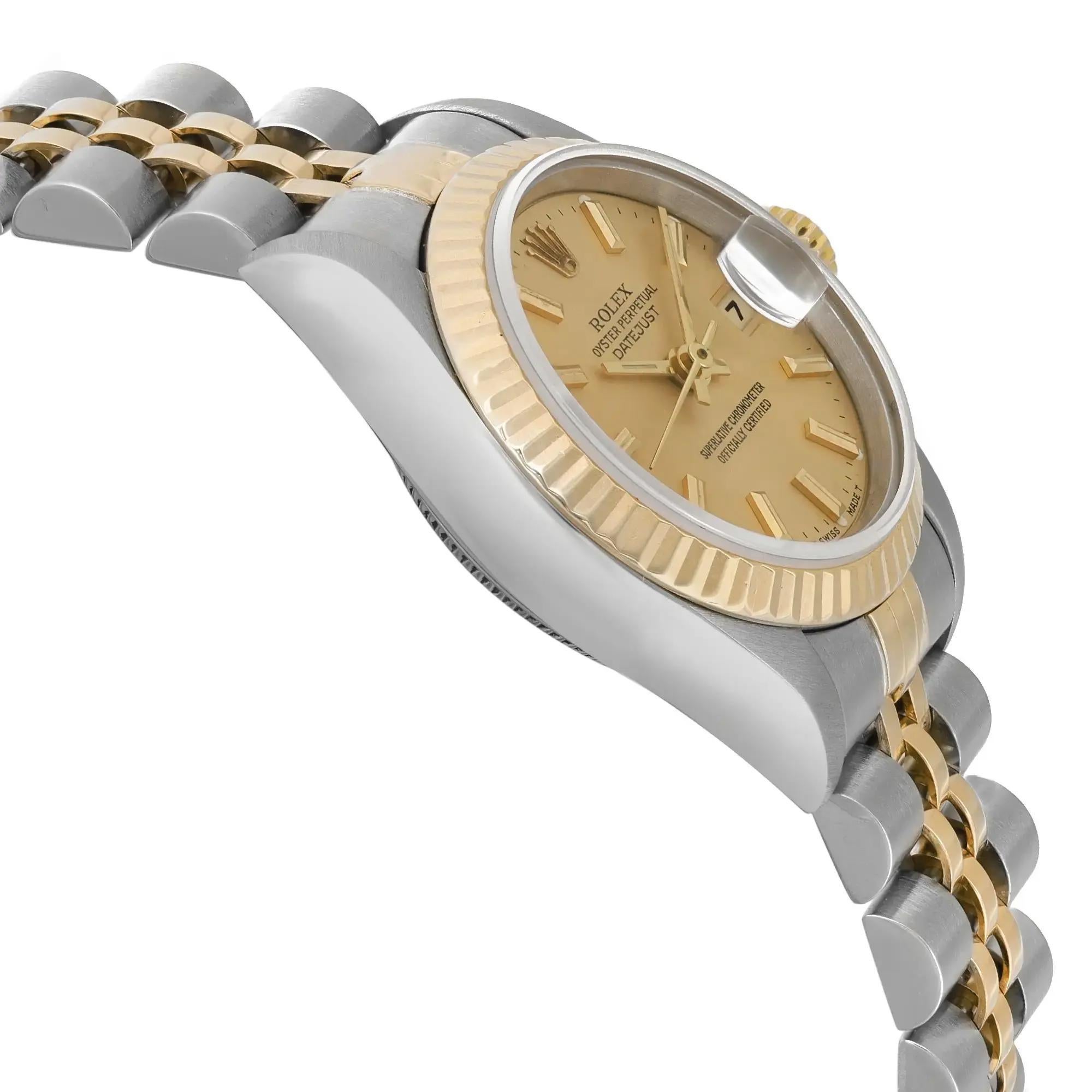 Women's Rolex Datejust 26mm 18K Yellow Gold Steel No Holes Champagne Dial Watch 69173 For Sale
