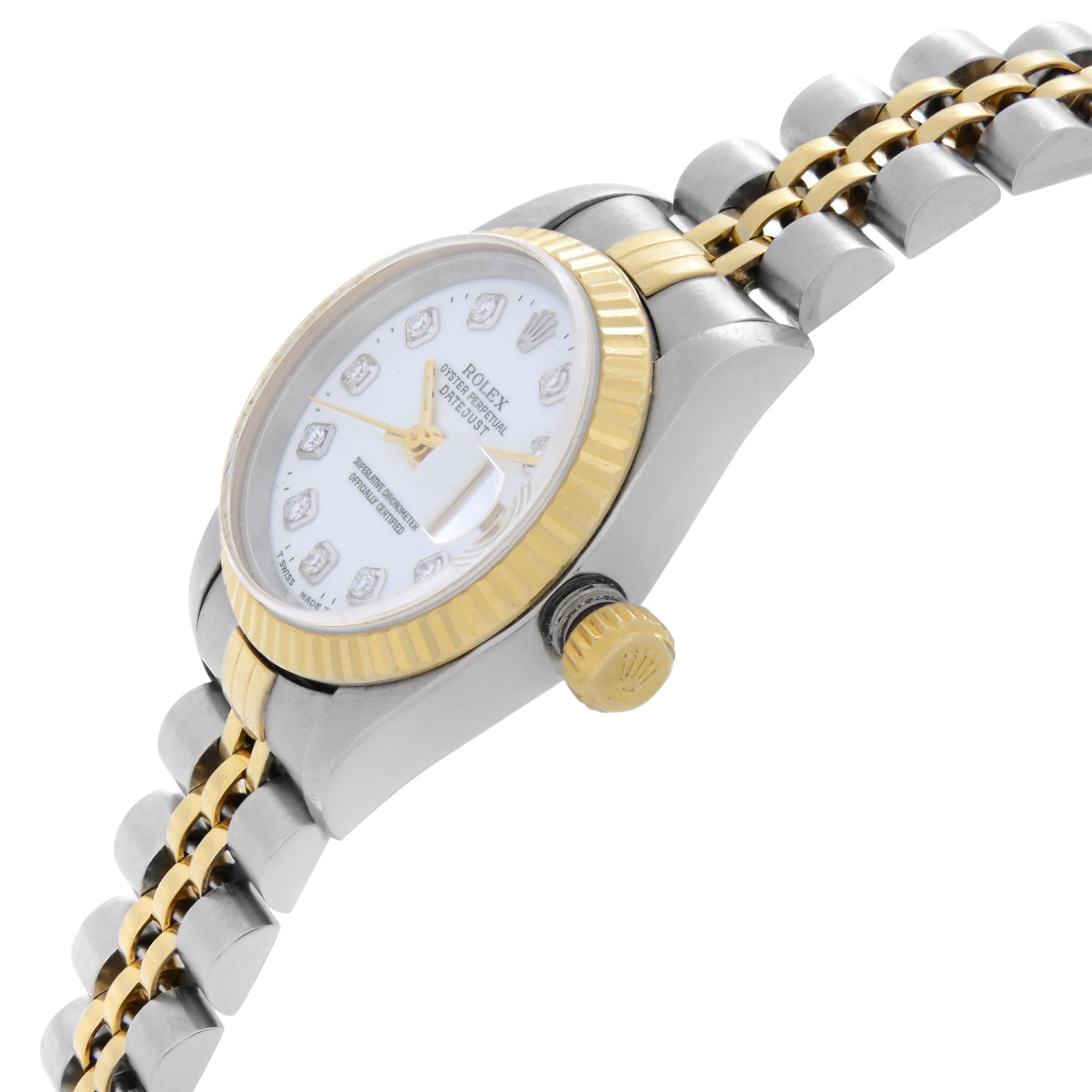 Rolex Datejust 18K Yellow Gold Steel White Diamond Dial Ladies Watch 69173 In Excellent Condition In New York, NY