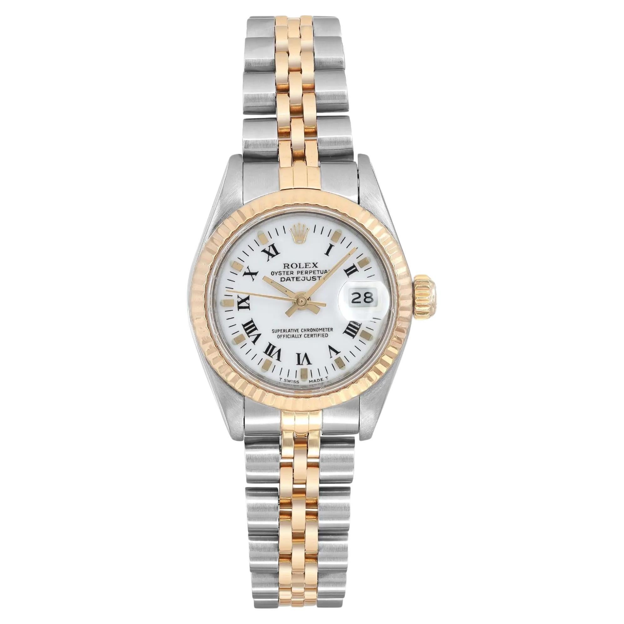 Rolex Datejust 18k Yellow Gold Steel White Roman Dial Ladies Watch 69173