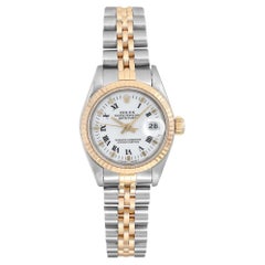 Used Rolex Datejust 18k Yellow Gold Steel White Roman Dial Ladies Watch 69173