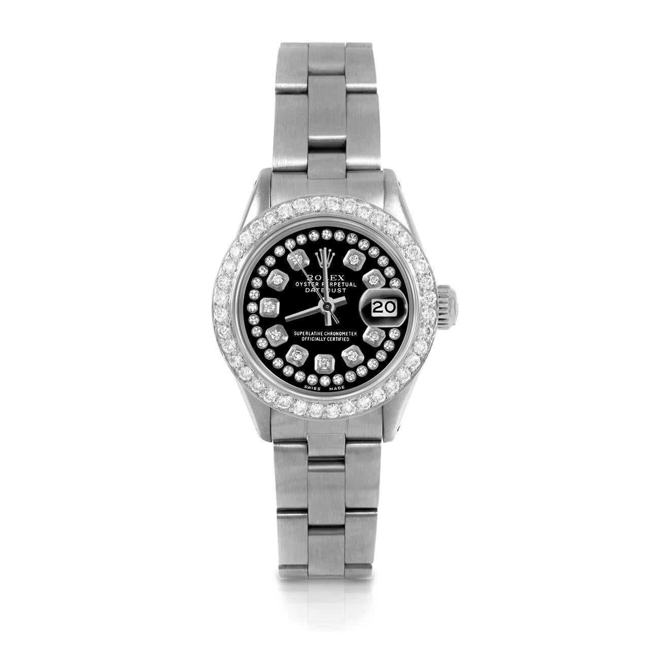 Pre-Owned Rolex 6917 Ladies 26mm Datejust Watch, Custom Black String Diamond Dial & Custom 1ct Diamond Bezel on Rolex Stainless Steel Oyster Band.   

SKU 6917-SS-BLK-STRD-BDS-OYS


Brand/Model:        Rolex Datejust
Model Number:        6917
Style: