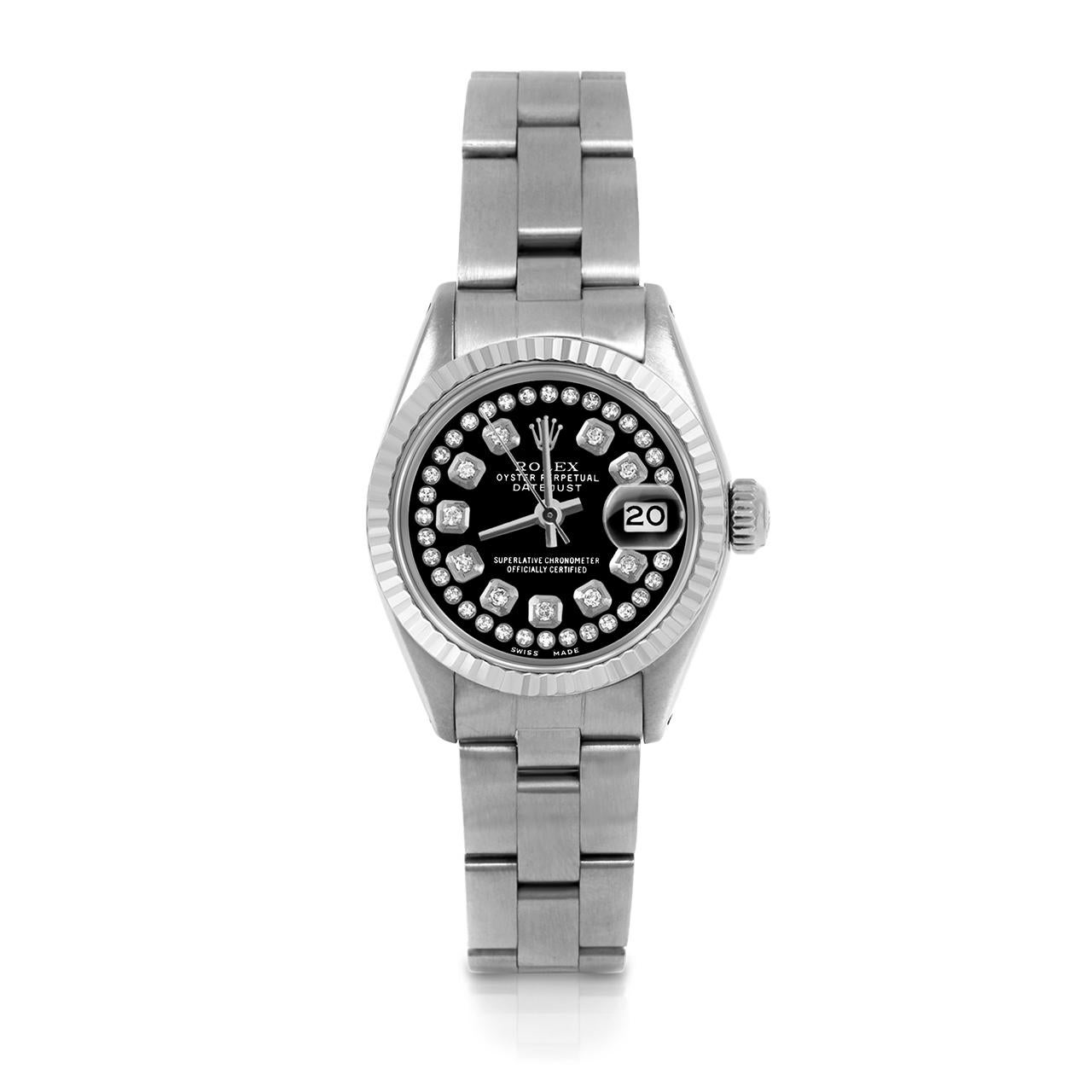 Pre-Owned Rolex 6917 Ladies 26mm Datejust Watch, Custom Black String Diamond Dial & Fluted Bezel on Rolex Stainless Steel Oyster Band.   

SKU 6917-SS-BLK-STRD-FLT-OYS


Brand/Model:        Rolex Datejust
Model Number:        6917
Style:       