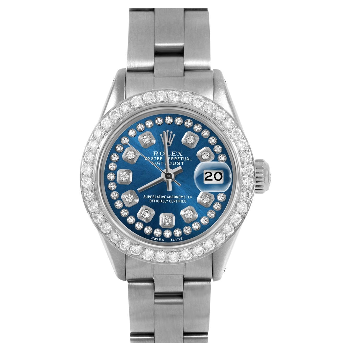 Rolex Montre Datejust 26mm 6917 avec bracelet à cordes bleues et cadran en diamants et lunette en diamants de 1 carat