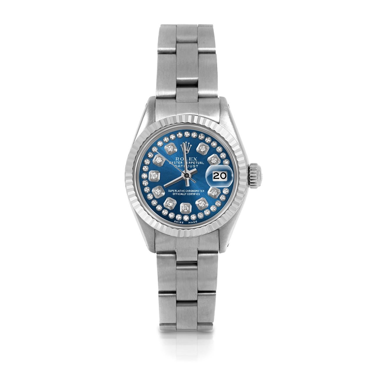 Pre-Owned Rolex 6917 Ladies 26mm Datejust Watch, Custom Blue String Diamond Dial & Fluted Bezel on Rolex Stainless Steel Oyster Band.   

SKU 6917-SS-BLU-STRD-FLT-OYS


Brand/Model:        Rolex Datejust
Model Number:        6917
Style:       
