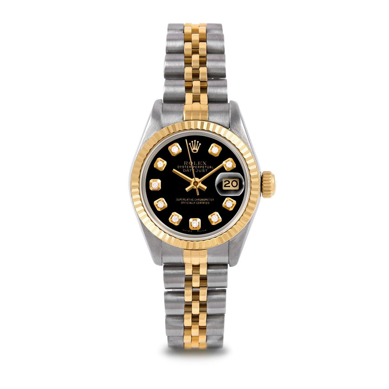 Pre-Owned Rolex 6917 Ladies 26mm Two Tone Datejust Watch, Custom Black Diamond Dial & Fluted Bezel on Rolex 14K Yellow Gold And Stainless Steel Jubilee Band.   

SKU 6917-TT-BLK-DIA-AM-FLT-JBL


Brand/Model:        Rolex Datejust
Model Number:      