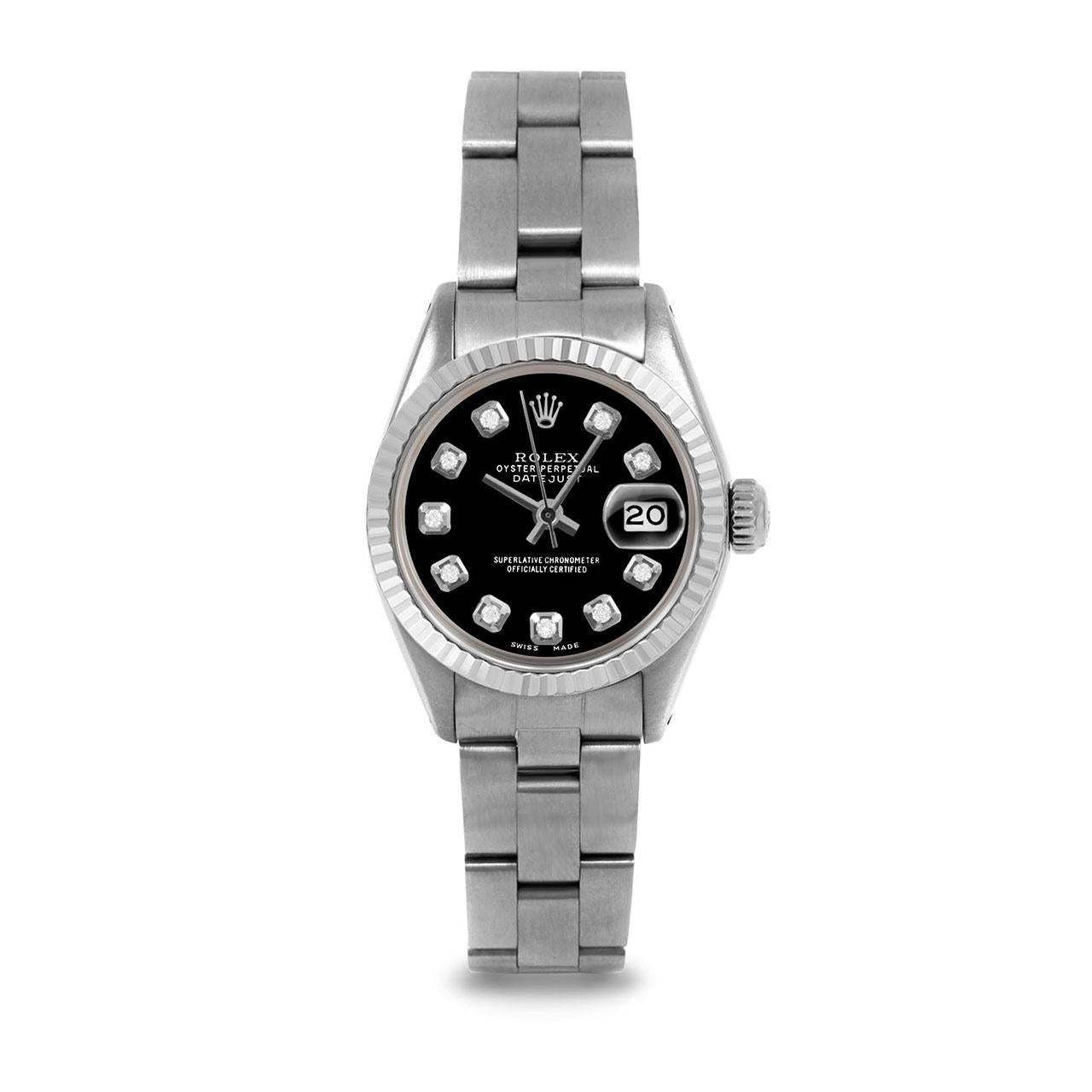 Pre-Owned Rolex 6917 Ladies 26mm Datejust Watch, Custom Black Diamond Dial & Fluted Bezel on Rolex Stainless Steel Oyster Band.   

SKU 6917-SS-BLK-DIA-AM-FLT-OYS


Brand/Model:        Rolex Datejust
Model Number:        6917
Style:       
