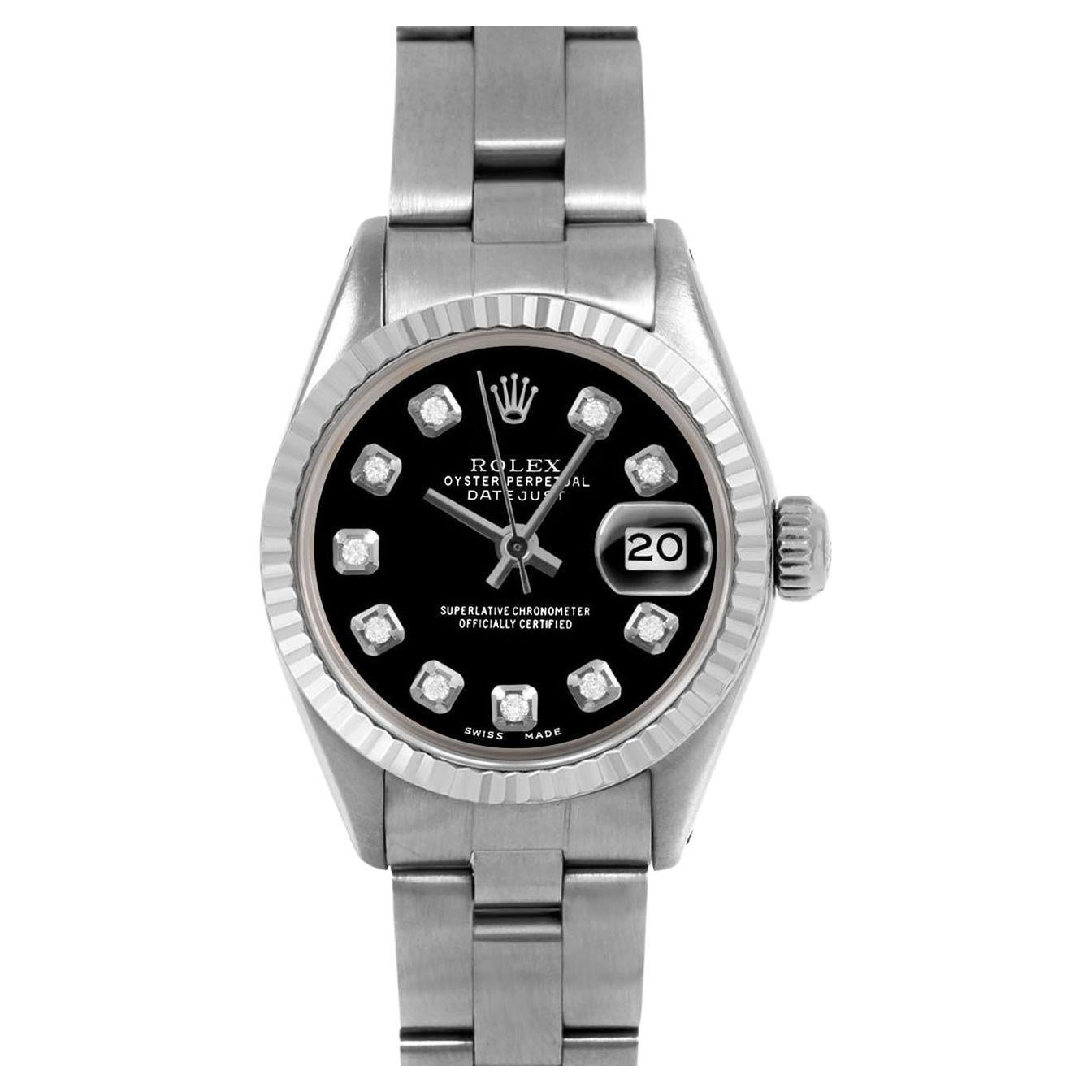 Rolex Datejust 6917 Custom Black Diamond Dial Oyster Band Fluted Bezel en vente