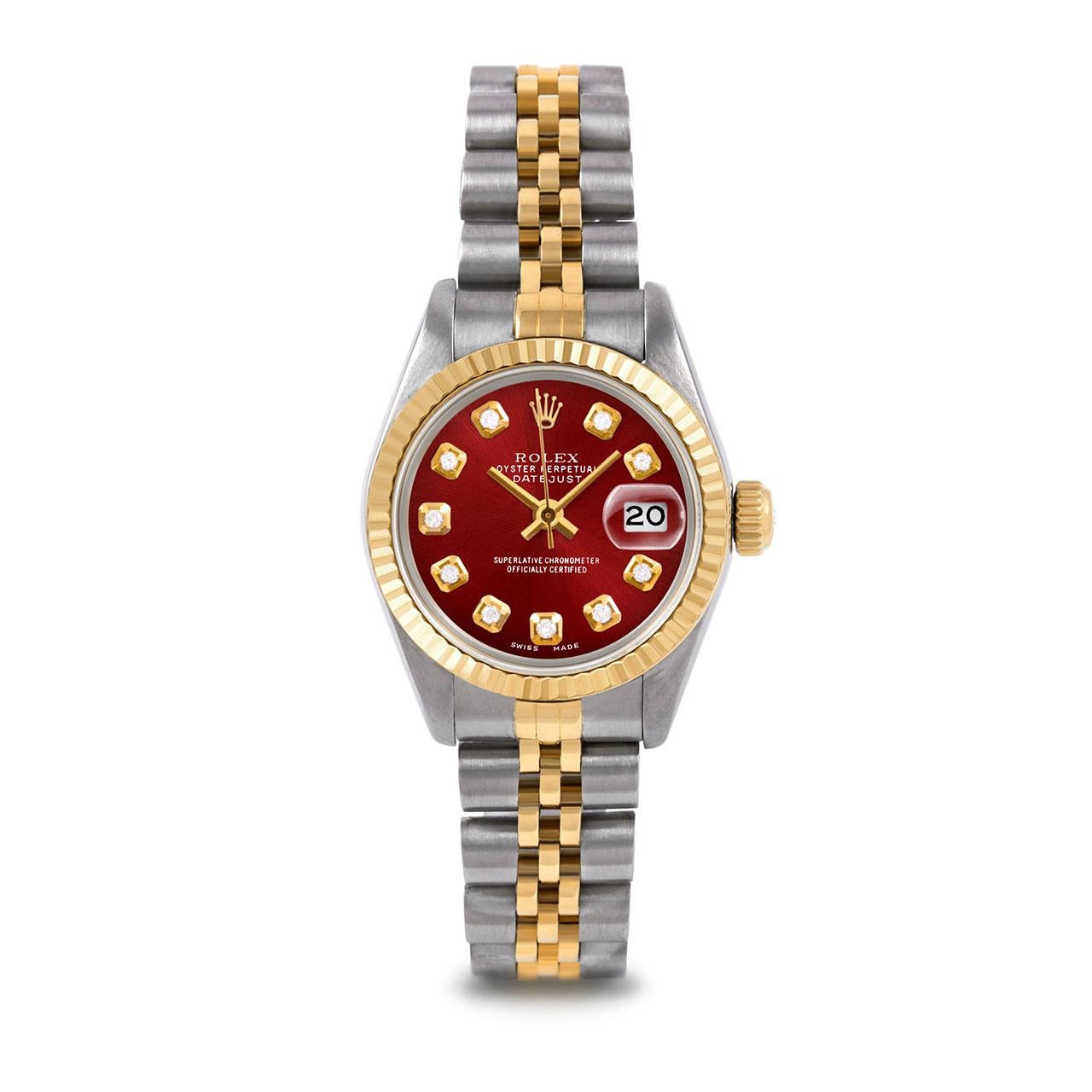 Pre-Owned Rolex 6917 Ladies 26mm Two Tone Datejust Watch, Custom Red Diamond Dial & Fluted Bezel on Rolex 14K Yellow Gold And Stainless Steel Jubilee Band.   

SKU 6917-TT-RED-DIA-AM-FLT-JBL


Brand/Model:        Rolex Datejust
Model Number:       
